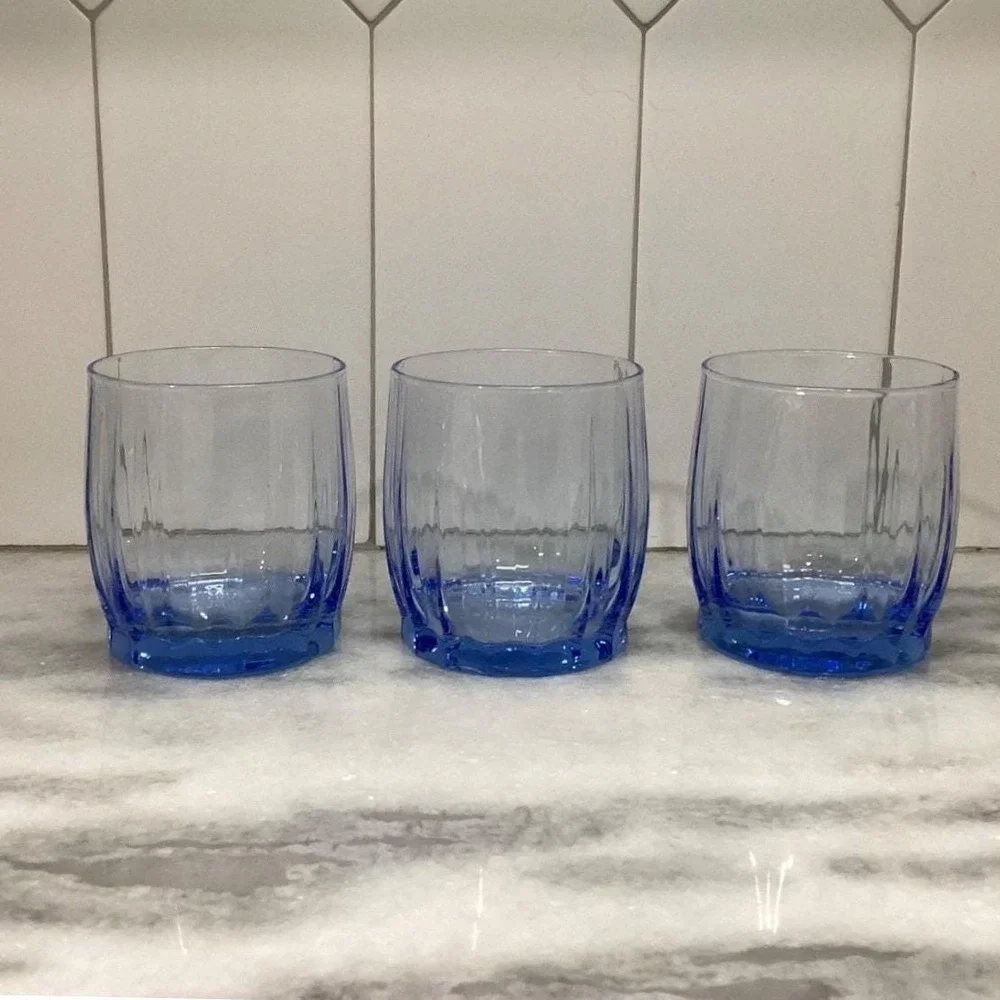 Oneida Valor Blue Juice‎ Glasses, Set of 3, Vintage Pasabahce Ribbed Tumblers